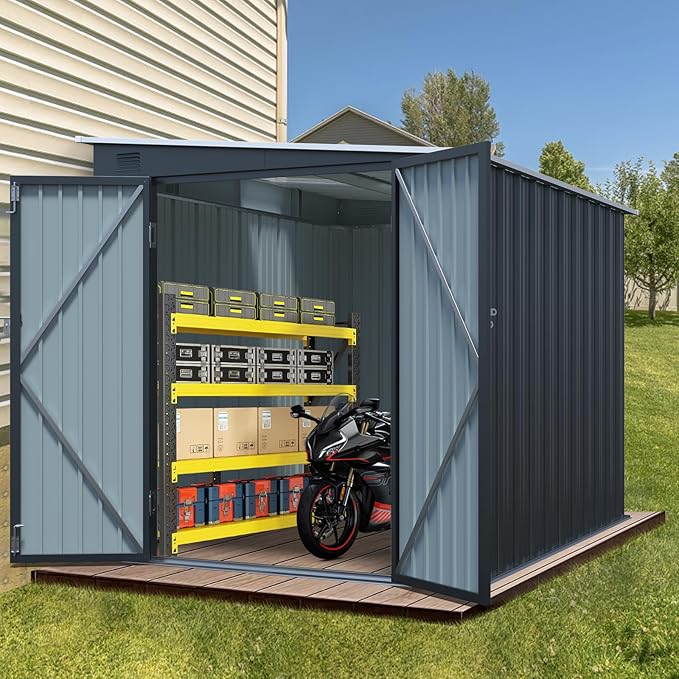 6x8FT Outdoor Storage Shed with Lockable Double Doors, Metal Lean to Garden Shed with Free PC Light Board for Tools, Small Outside Storage Shed Waterproof for Backyard, Patio, Gift for Dad