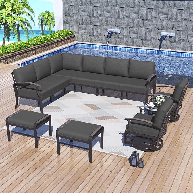 Kurapika Patio Furniture Set 10-Piece Aluminum Sectional Sofa with Armrest, Modern Outdoor Conversation Set, Metal Corner Sofa with Ottoman, Black