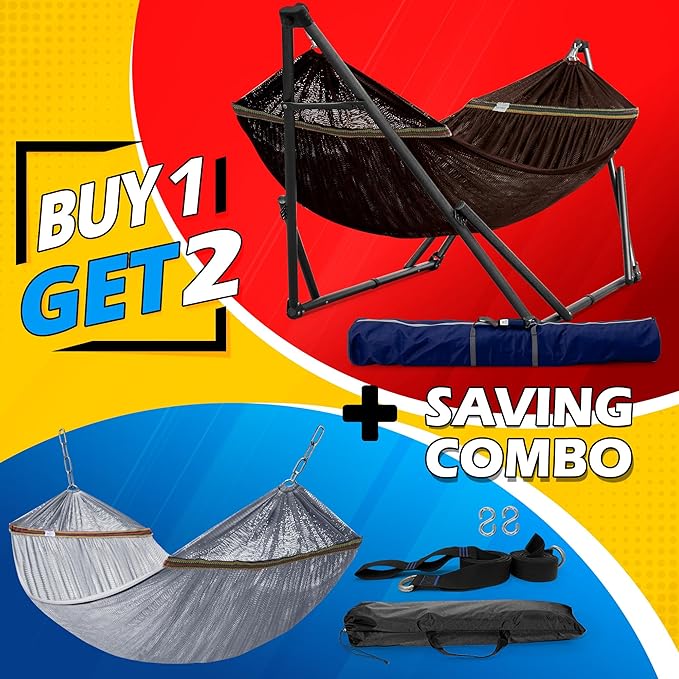 Tranquillo Universal Hammock with Stands Electro Static Coated Steel, Adjustable Foldable Hammock Stand with 2 Layered Polyester Net and Carry Bag for 2 Persons (Combo - Brown)