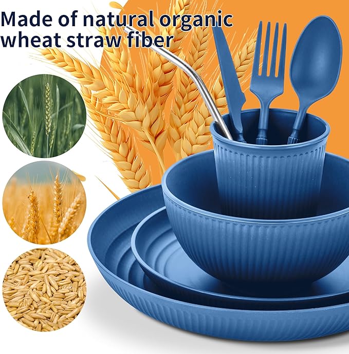 Wheat Straw Dinnerware Sets,64-Piece Plates and Bowls Sets for 8-Unbreakable,Reusable Plastic Dish Set-Dinner Plate/Dessert Plate/Cereal Bowl/Cup/Utensils-Dishwasher Safe 64P-JadePeak Lake Sunset
