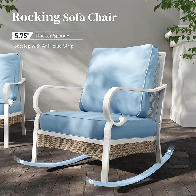 4 PCS Metal Outdoor Patio Furniture Set, Patio Conversation Sets 1 3-seater Sofa, 2 Rocking Chairs with 5.75" Extra Thick Cushion and Coffee Table, White Frame Backyard Furniture, Blue