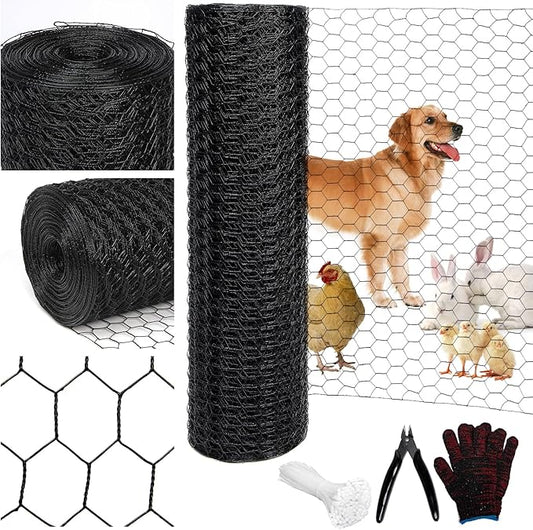 Black 19GA Chicken Wire 24inx150ft, Chicken Wire Fencing, Garden Fence, Metal Poultry Wire Netting, Galvanized PVC Coated Mesh for Animal/Rabbit/Floral/Chicken Coop/DIY Projects.