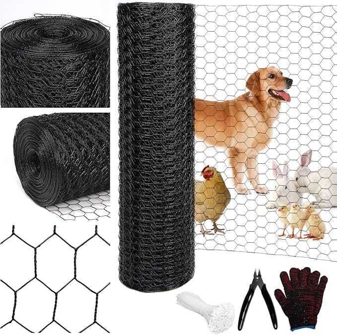Black 19GA Chicken Wire 60inx150ft, Chicken Wire Fencing, Garden Fence, Metal Poultry Wire Netting, Galvanized PVC Coated Mesh for Animal/Rabbit/Floral/Chicken Coop/DIY Projects.