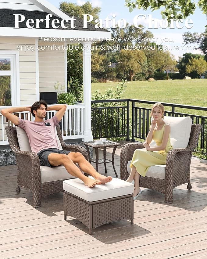 LayinSun 7 Piece Wicker Outdoor Furniture Set with 6-inch Comfy Cushions, High Back Patio Furniture Set with Rattan Armchairs and Fire Pit Table