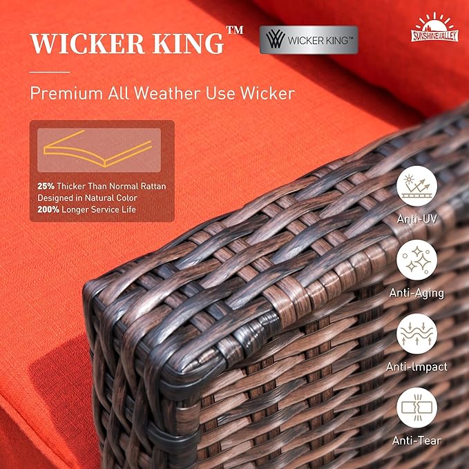 Patio Furniture Set with Swivel Chairs, High Back Wicker Rattan Furniture with 5.5" Thick Cushion and 2 Ottoman, Outdoor Conversation Set for Backyard Deck, Red