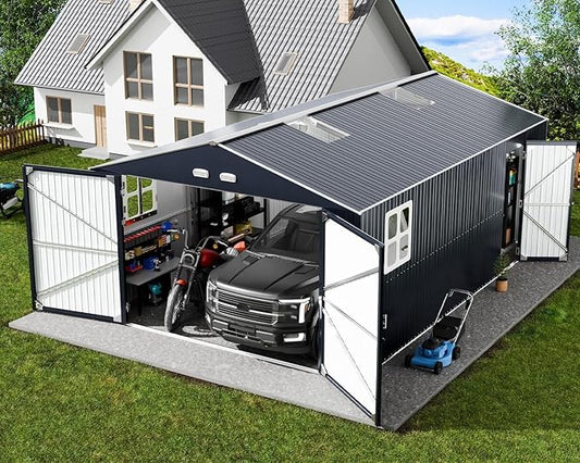 Metal Garage Shed 13x20x8.5' with Floor Frame Kit, Large Outdoor Storage Building Ultra-Reinforced Truss System, with Skylights Dual-Entry Steel Carport Workshop for Car Boat Big Tool Organization