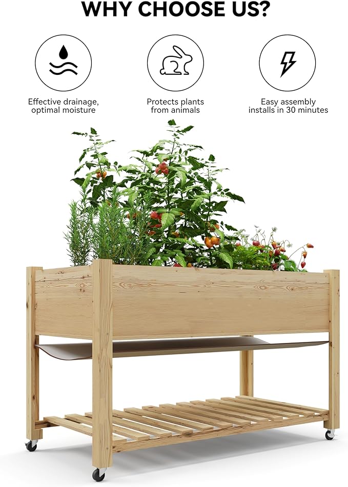 Raised Garden Bed on Wheels, Elevated Raised Wood Planter Box with Legs, Elevated Garden Bed for Vegetables, Standing Garden Container for Backyard, Patio