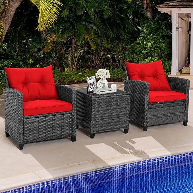HAPPYGRILL 3 Pieces Patio Conversation Set, Outdoor Furniture Set PE Rattan Sofa Set with Removable Cushions, PE Wicker Chairs with Tempered Glass Side Table for Porch Lawn Garden Balcony Backyard