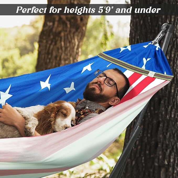 Tranquillo Uniki Adjustable Hammock with Stand for Indoor and Outdoor, Portable Camping Hammock Frame, 550 lbs Capacity, Collapsible and Durable, American Flag
