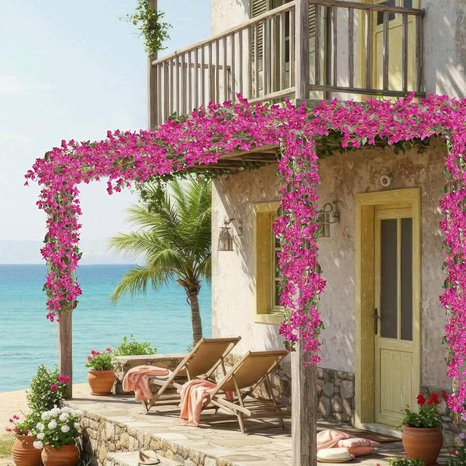 2 Pcs Bougainvillea Artificial Hanging Flowers Plants for Outdoors Fake Silk Bougainvillea Vines Fuchsia Artificial Flower Garland UV Resistant Faux Flowers for Planter Centerpieces Arch Decor