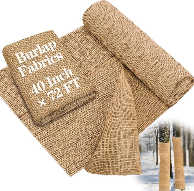 Buryeah 40 Inch x 72 ft Burlap Fabrics Roll Natural Jute Burlap Tree Wraps Protector Winter Frost Plant Blankets Cloth Weed Barrier Fabric Garden Plants for Winter Outdoor Trees Shrubs Party