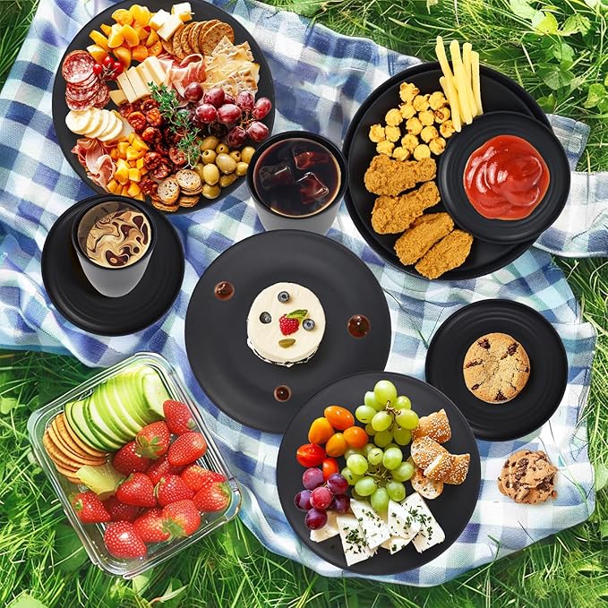 Wrova Wheat Straw Dinnerware Set of 40 Pieces - 10" & 9" Plates, 6" Snack Plates, 26oz & 12oz Bowls & Cups - Unbreakable, Microwave & Dishwasher Safe - Black