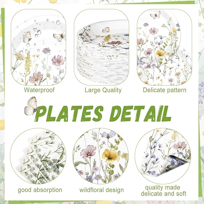 250 Pcs Wildflower Party Decorations Include Spring Summer Floral Paper Plates Napkins and Cups for Wildflower Baby Shower Tea Decorations, Serve 50 Guest(Light Color,Elegant Style)