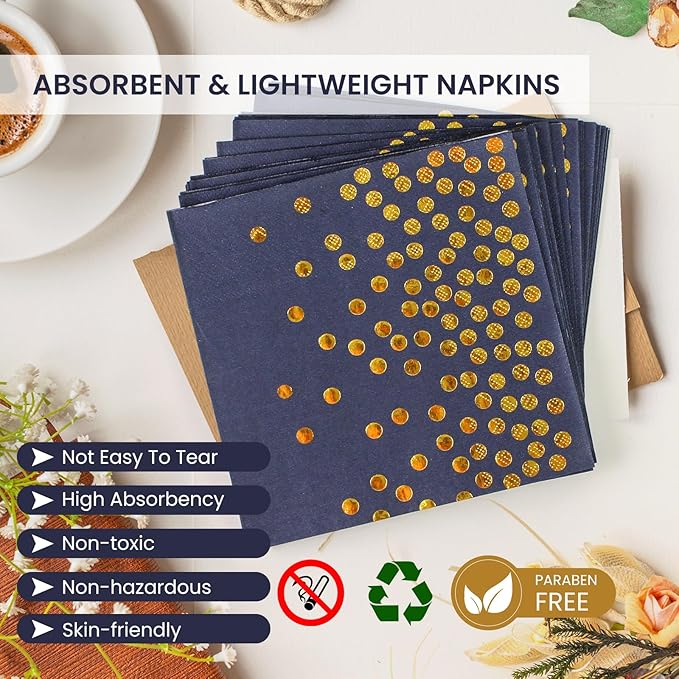 75PCS Paper Plates and Napkins Set - Dark Blue and Gold Dot Disposable Party Dinnerware Includes Paper Plates, Napkins, Forks Decorations for Birthdays, Graduations, Weddings and Holidays, Serves 25