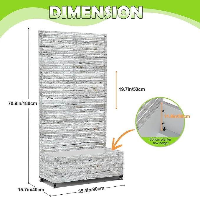 15.7"×70.9"×35.4" Metal Raised Garden Bed with Trellis and Wheels - Tall Trellis Planter Box for Climbing Plants, Vegetables & Vines - Outdoor Privacy Planters for Patio (White Oak Grain)