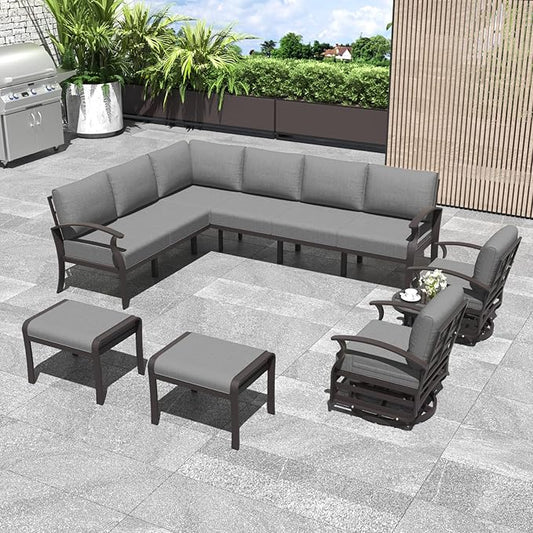 Kurapika Patio Furniture Set 10-Piece Aluminum Sectional Sofa with Armrest, Modern Outdoor Conversation Set, Metal Corner Sofa with Ottoman, Grey