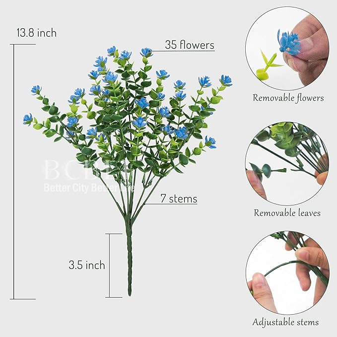 Artificial Flowers for Outdoors, 12 Bundles UV Resistant Realistic Faux Plants for Outside Porch Planter, Spring Summer Home Garden Decoration, Blue