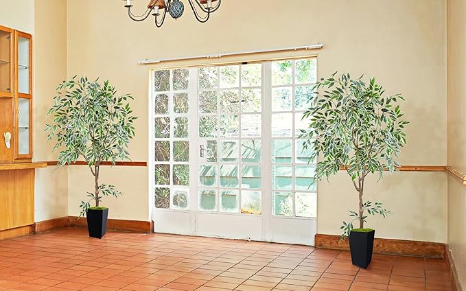 Artificial Ficus Plant 6ft, Faux Tree with Black Tall Planter, Fake Ficus Leaves Trees in Pot, Artificial Floor Plants for Home Living Room Office Garden Balcony Foyer Decor Indoor