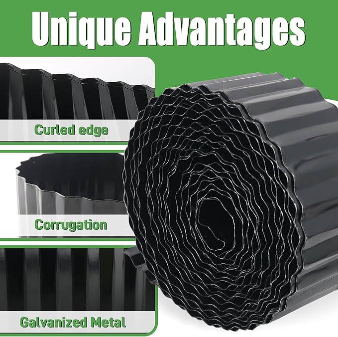 Metal Corrugated Garden Edging, Landscape Edging for DIY Flower Beds, Flexible Bender Border for Lawn, Garden and Yard, Galvanized Garden Edging (Black, 6 Inch x 50FT)