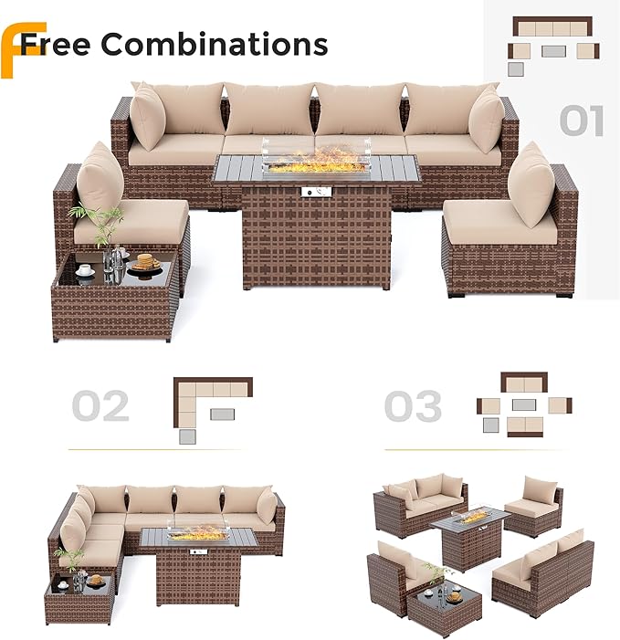 UDPATIO Outdoor Patio Furniture Set with Fire Pit Table, 8 Piece Outdoor Sectional Sofas, All-Weather Wicker Patio Conversation Set for Garden, Backyard Khaki