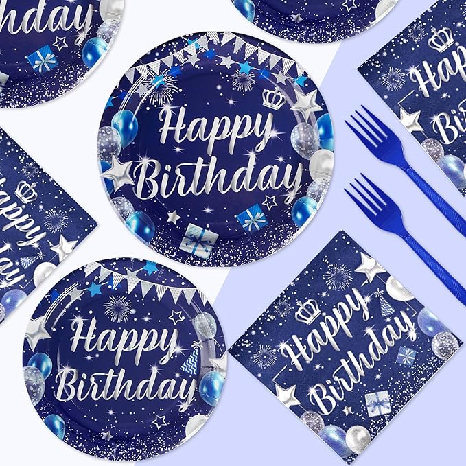 96Pcs Blue Birthday Party Supplies 350 GSM Navy Blue and Silver Plates and Napkins Disposable Tableware Sets Blue Happy Birthday Party Decorations for Men Women Birthday Party Favors Serves 24