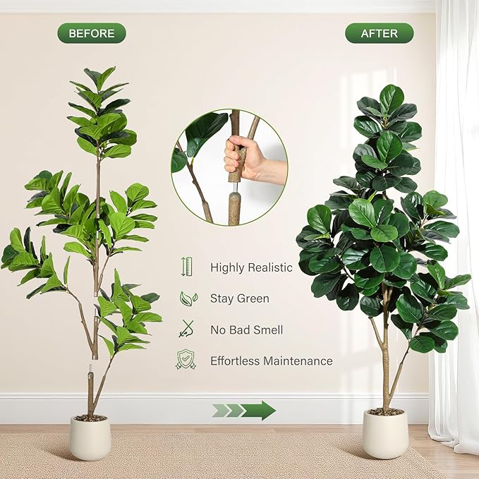 6FT Fiddle Leaf Fig Tree Artificial with 108 Leaves - Realistic Faux Ficus Lyrata Trees in 9" White Planter Pot, Indoor Fake Floor Plants for Home Office Living Room Decor, Housewarming Gift