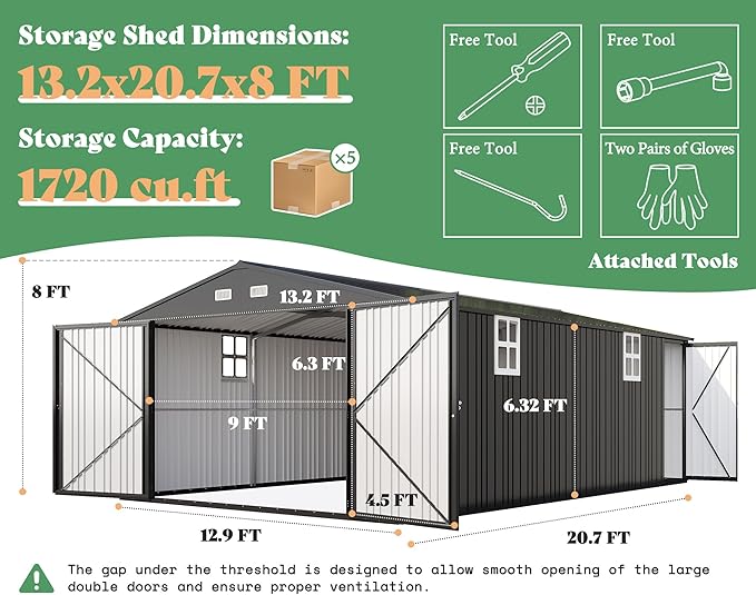AMERLIFE 13.2x21x8 FT Outdoor Metal Garage Shed, Extra Large Storage Shed with Double Hinged Doors, 4 Windows, Carport for Car, Truck, Bicycle and Garden Equipment, Dark Gray