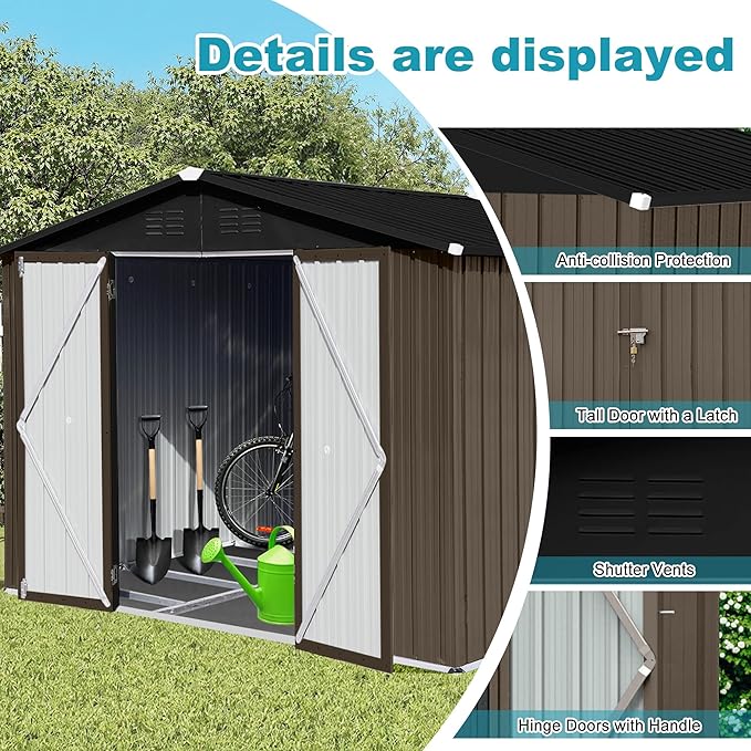 Storage Shed 8ft×6ft Classic Apex Roof Tool Shed Outdoor Storage Metal Garden Storage Sheds Tool Cabinet with Hinged Door Syste for Backyard, Patio, Poolside, Brown + Black