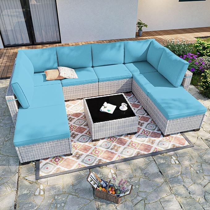 9-Piece Patio Furniture Set, Outdoor with Ottomans, Modular Patio Sofa, Dual-Strand Wicker Rattan, Rust-Resistant Frame, Backyard Furniture for Garden, Deck, Lake Blue