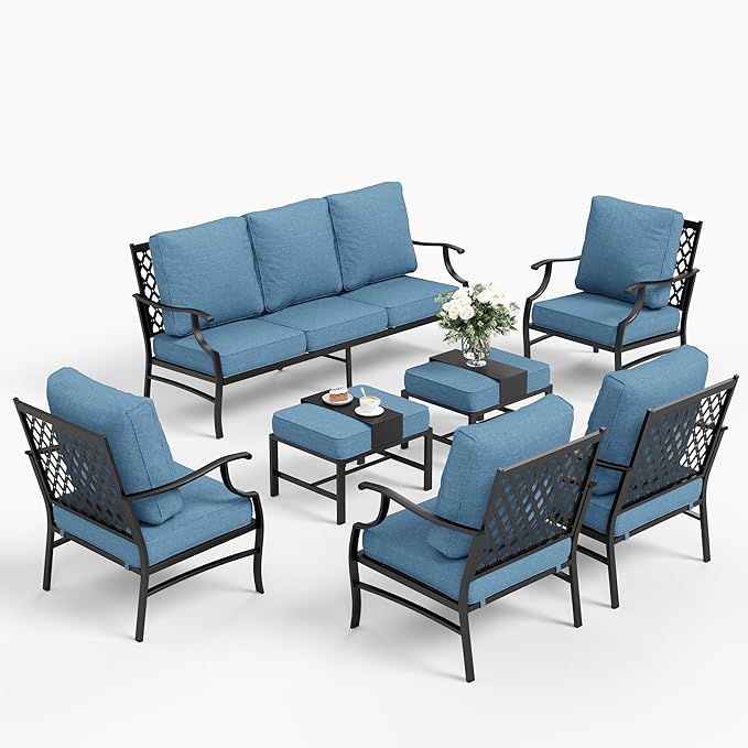 7 Piece Metal Outdoor Patio Furniture Set, Patio Conversation Sets 1 3-seater Sofa, 4 Fixed Chair, 2 Ottomans with 5.75" Thick Cushion, Black All-weather Frame Backyard Furniture, Navy