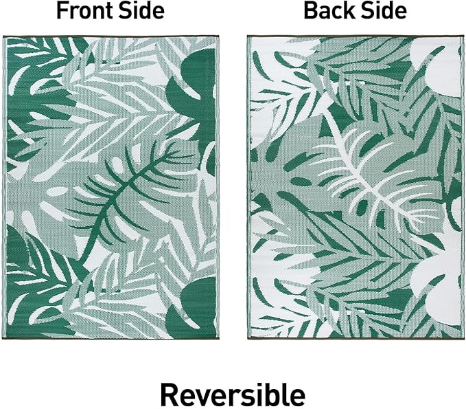 Rugshop Tropical Leaf Reversible Crease-Free Waterproof Premium Recycled Plastic Outdoor Rugs for Patio,Backyard,RV,Deck,Picnic,Trailer,Beach,Camping,Sunroom Green 3' x 5'