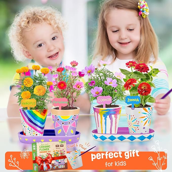 4 Set Paint & Plant Flower Gardening Kit - Gifts for Girls Ages 8-12, Arts and Crafts for Kids Ages 8-12, Kids Gardening Set, Toys Birthday for Girls Boys Ages 6 7 8 9 10 11 12