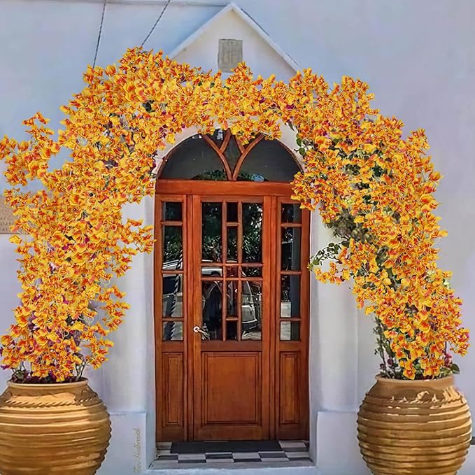 2 Pcs Artificial Bougainvillea Flowers Garland Fake Silk Bougainvilleas Vines Trailing Orange Faux Hanging Flowers Plants Bougainvillea Artificial for Porch Wedding Arch Spring Summer Decor