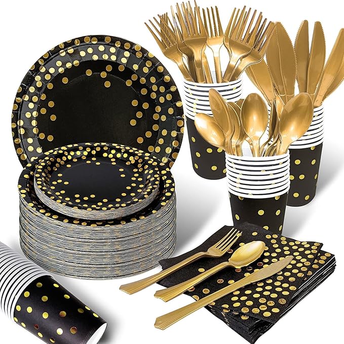 AIRE 350PCS Black Gold Paper Plates Party Supplies Dinnerware Sets for 50 Guests, Disposable Paper Party Plates, Dessert Plates, Cups, Napkins, Plastic Spoons, Forks, Knives for Wedding Birthday