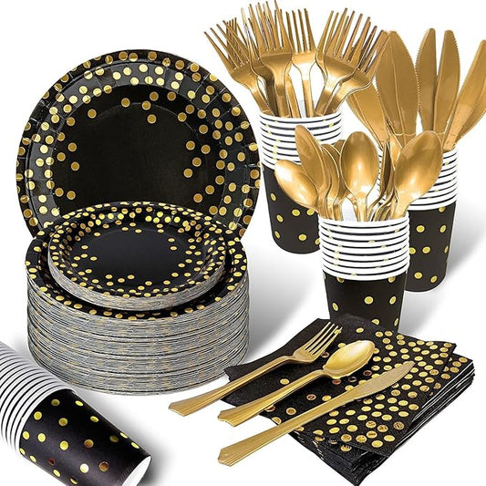 AIRE 350PCS Black Gold Paper Plates Party Supplies Dinnerware Sets for 50 Guests, Disposable Paper Party Plates, Dessert Plates, Cups, Napkins, Plastic Spoons, Forks, Knives for Wedding Birthday