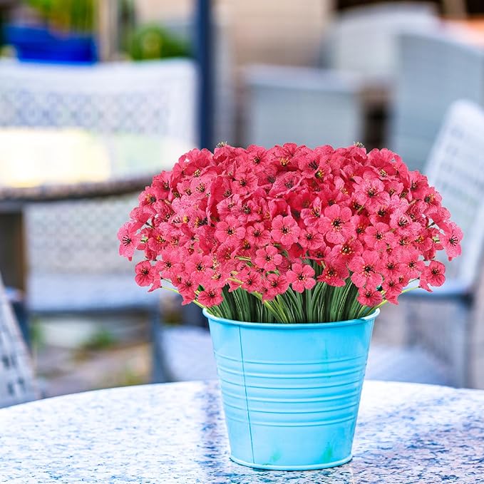 22 Bunches of Outdoor Artificial Flowers, UV Resistant Fake Flowers Artificial Silk Flowers with Plastic Plants for Indoor Outdoor Front Porch Hanging Planter Decoration (22, Rose Red)