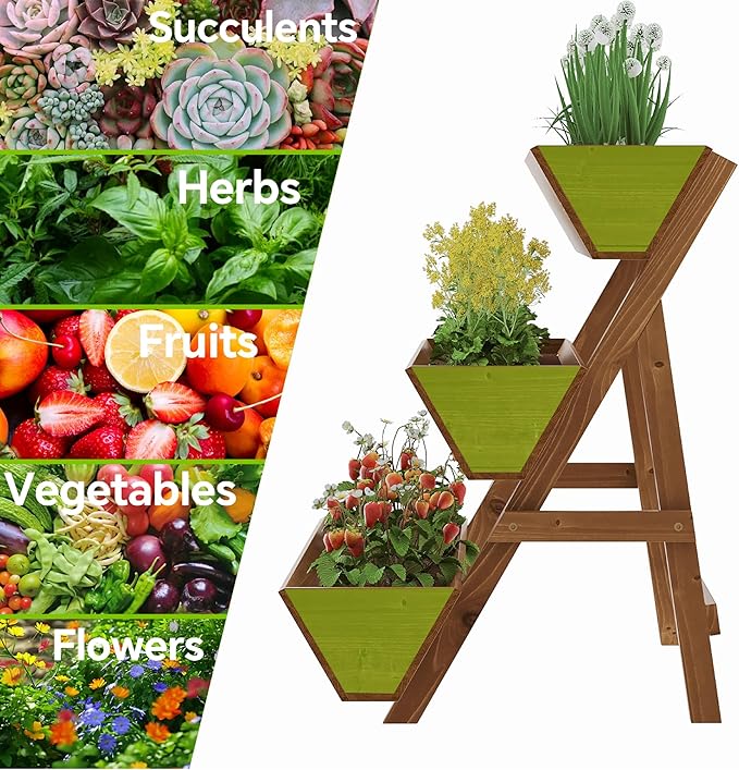 3-Tiers Wooden Raised Garden Bed Tiered Planter Box Vertical Garden Planter Wood Plant Stand for Patio, Balcony, Freestanding. (Brown S)