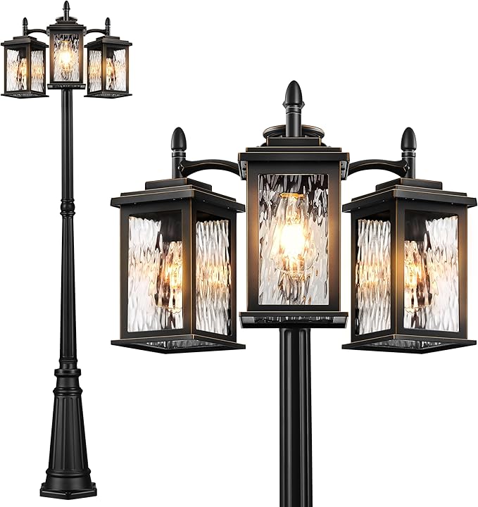 VIANIS Dusk to Dawn Lamp Posts Outdoor Lighting, Triple Head Street Light Pole Lamp for Outside, Waterproof Outdoor Post Light Fixtures Black with Tempered Ripple Glass for Garden Yard Patio Driveway