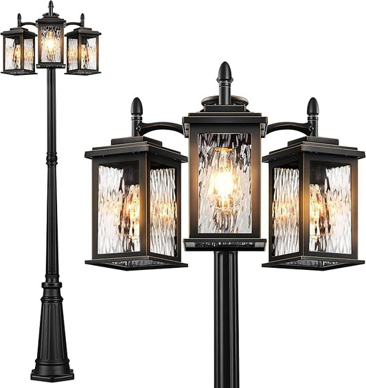 VIANIS Dusk to Dawn Lamp Posts Outdoor Lighting, Triple Head Street Light Pole Lamp for Outside, Waterproof Outdoor Post Light Fixtures Black with Tempered Ripple Glass for Garden Yard Patio Driveway