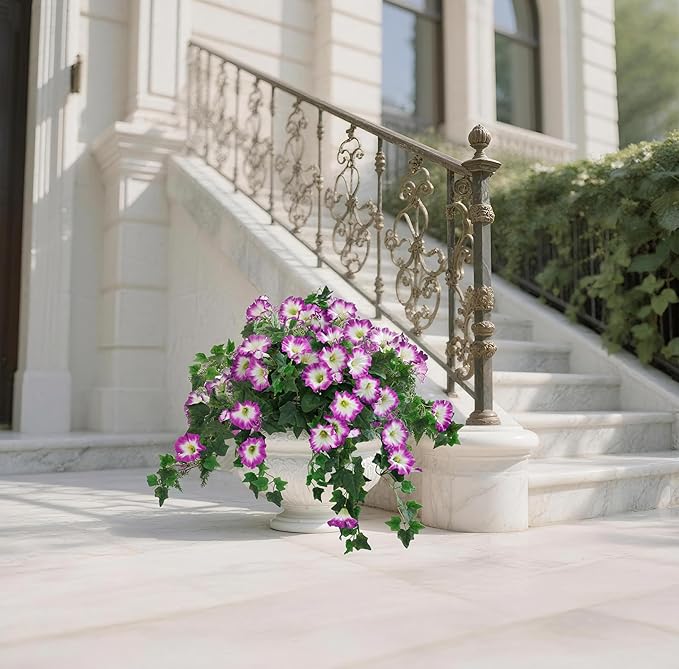 Artificial Fake Flowers Plants for Outdoor Decoration, 2PCS Faux Petunias Silk Plants UV Resistant Realistic Porch Garden Balcony Decor, Fake Flowers for Outdoor Planters Home Decor(Pure purple-red)