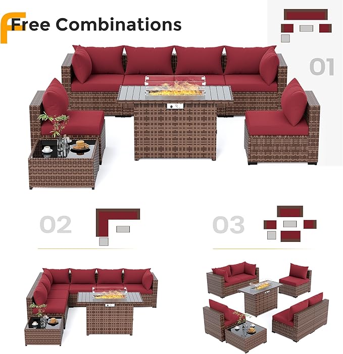 UDPATIO Outdoor Patio Furniture Set with Fire Pit Table, 8 Piece Outdoor Sectional Sofas, All-Weather Wicker Patio Conversation Set for Garden, Backyard Wine