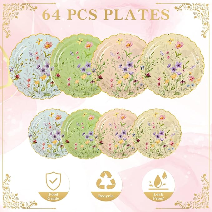 64 Pcs Wildflower Paper Plates Disposable Tableware Set 9 Inch and 7 Inch Floral Paper Plates for Wildflower Baby Shower Tea Party Birthday Wedding Picnic Garden Decoration Supplies