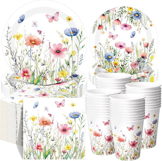 250 Pcs Wildflower Party Decorations Include Spring Summer Floral Paper Plates Napkins and Cups for Wildflower Baby Shower Tea Decorations, Serve 50 Guest(Colored,Vivid Style)
