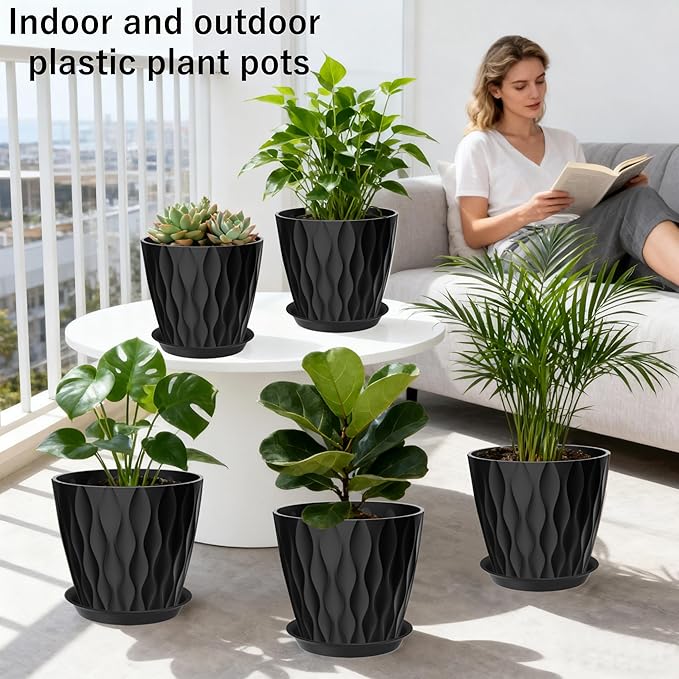 7 Inch Plant Pots Set of 5, Plastic Flower Pots with Drainage Holes and Trays, Planter Pot for Indoor Plants, Decorative Pots for Plants Indoor/Outdoor （Multicolor）