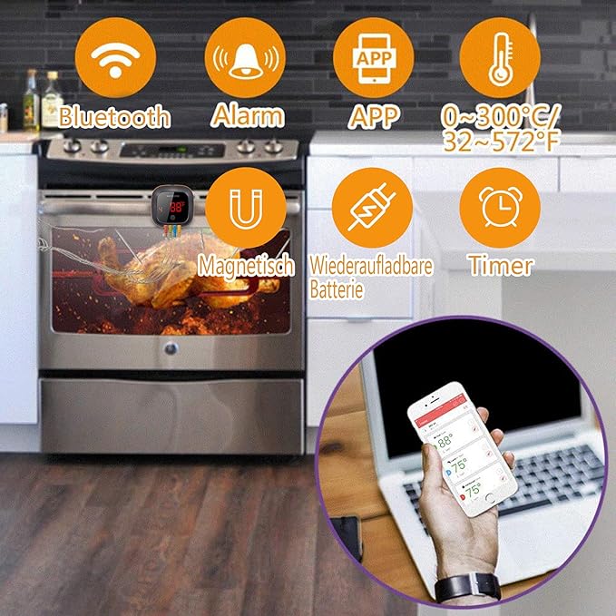 Inkbird Bluetooth Grill BBQ Meat Thermometer with 4 Probes Digital Wireless Grill Thermometer, Timer, Alarm,150 ft Barbecue Cooking Kitchen Food Meat Thermometer for Smoker, Oven, Drum