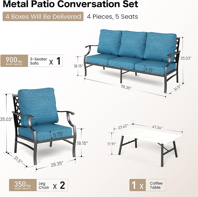 4 Piece Metal Outdoor Patio Furniture Set, Patio Conversation Set 1 3-seater Sofa, 2 Fixed Chair with 5.75" Extra Thick Cushion and Coffee Table, Black Frame Backyard Furniture, Blue-2