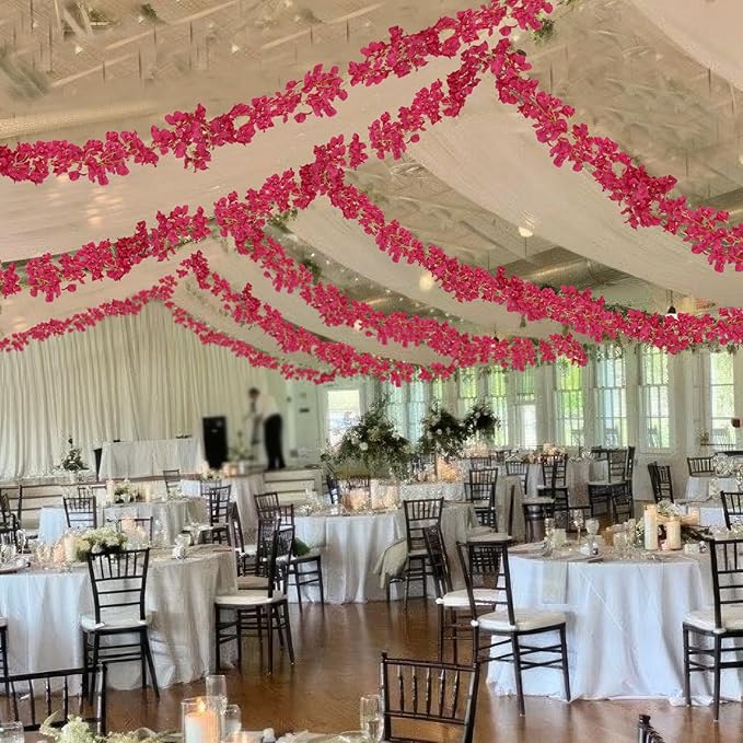 2 Pcs Artificial Bougainvillea Flowers Garland Fake Silk Bougainvilleas Vines Trailing Rose Red Faux Hanging Flowers Plants Bougainvillea Artificial for Porch Wedding Arch Spring Summer Decor