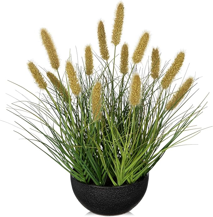 Artificial Plants Indoor with Pot, 17.3" Fake Potted Plants Artificial Onion Grass Plant with Coffee Dog Tail Grass Small Faux Plant Indoor for Home Living Room Table Shelf Decor