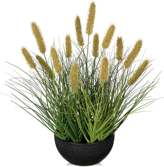 Artificial Plants Indoor with Pot, 17.3" Fake Potted Plants Artificial Onion Grass Plant with Coffee Dog Tail Grass Small Faux Plant Indoor for Home Living Room Table Shelf Decor