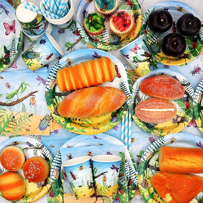 Insect Party Supplies - Bugs Party Tableware - Dinner Plates Desserts Plates Cups Napkins Bugs Insect Tablecover Straws for Class Office Garden Reptile Baby Shower Decorations, Serves 40